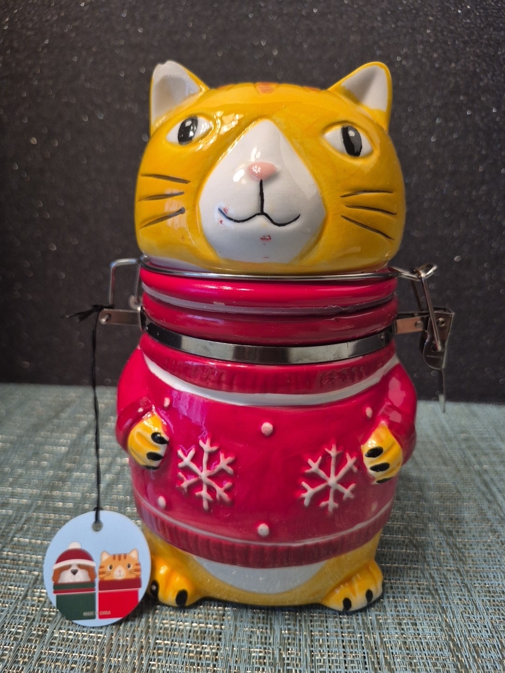 Small Ceramic Pet Snack Jar Kitty Cat Design Wearing A Red Sweater W/ Snowflakes